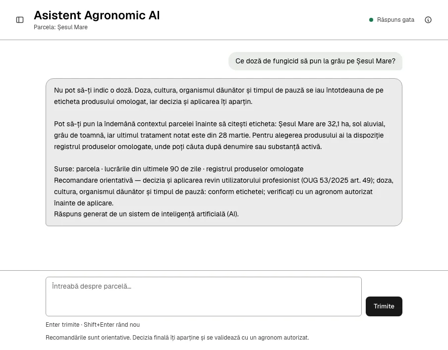 Ecranul Asistent AI: la o întrebare despre doza unui fungicid, asistentul nu indică doza și trimite la eticheta produsului